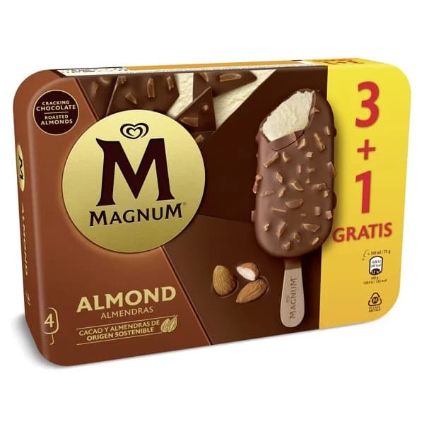 Helado bombón almendras 3 + 1 unidades Magnum caja 300 g - 0.3 kg - Imagen del producto en Findit