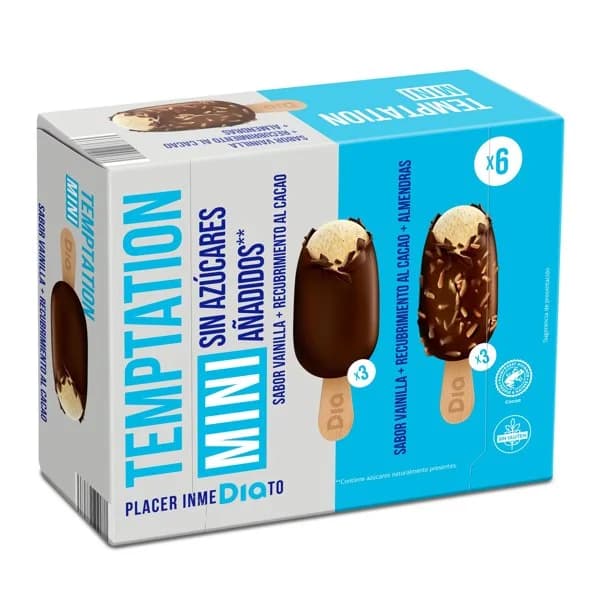 Helado mini bombón clásico y almendrado sin azúcar 6 unidades Temptation de Dia estuche 216 g - 0.22 kg - Imagen del producto en Findit
