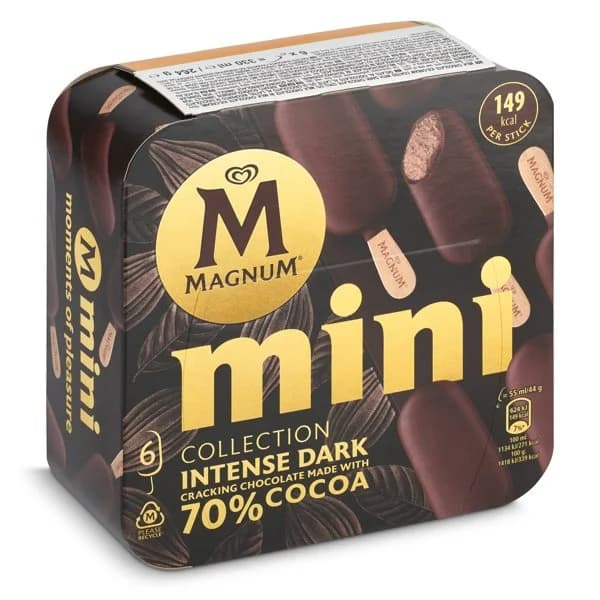 Helado mini bombón intense dark chocolate 70% 6 unidades Magnum caja 264 g - 0.26 kg - Imagen del producto en Findit