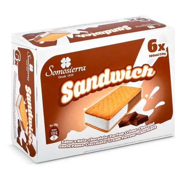 Helado sándwich nata y chocolate 6 unidades Somosierra caja 300 g - 0.3 kg - Imagen del producto en Findit