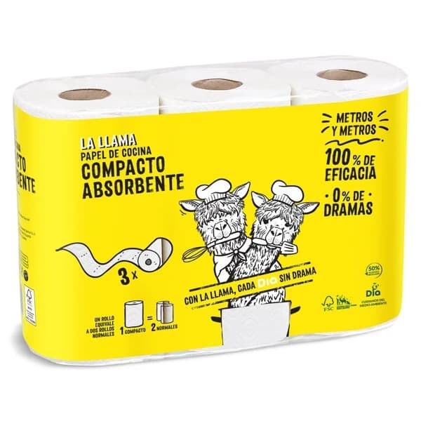 Papel de cocina compacto doble rollo La Llama Dia bolsa 3 unidades - 3.01 ud - Imagen del producto en Findit