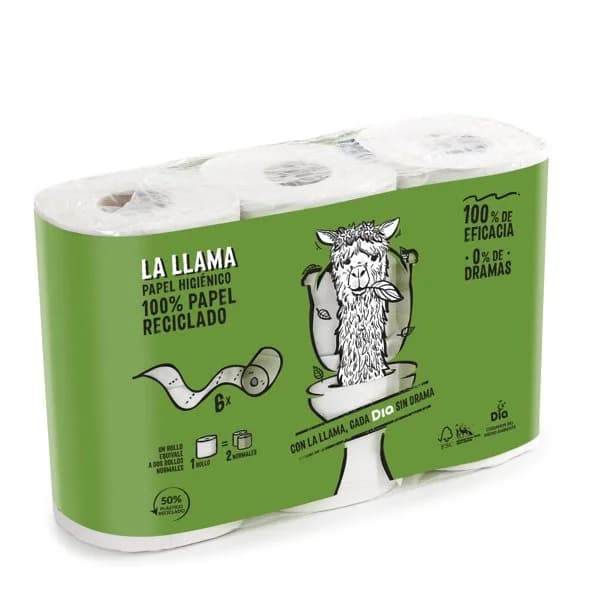 Papel higiénico compacto reciclado doble rollo La Llama Dia bolsa 6 unidades - 5.98 ud - Imagen del producto en Findit
