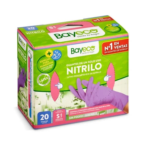 Guantes nitrilo desechables talla S Bayeco caja 20 unidades - 20.82 ud - Imagen del producto en Findit