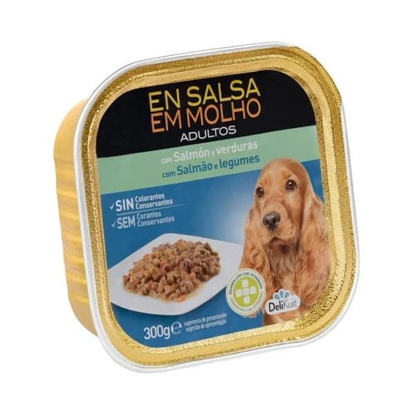 Trozos en salsa perro adulto Delikuit con salmón y verduras - 0.3 kg - Imagen del producto en Findit