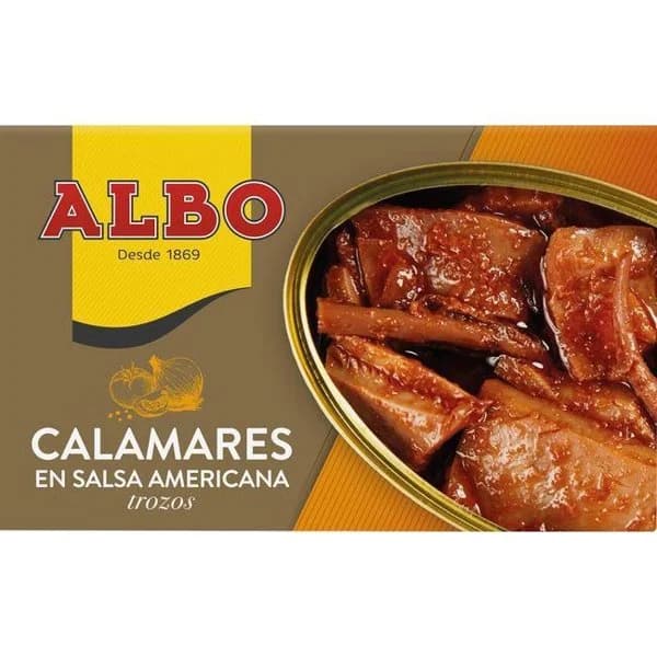 Calamar en trozos en salsa americana ALBO, lata 112 g - 1 ud - Imagen del producto en Findit