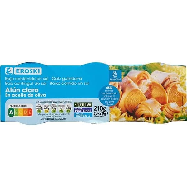 Atún claro en aceite bajo en sal EROSKI, pack 3x70 g - 1 ud - Imagen del producto en Findit