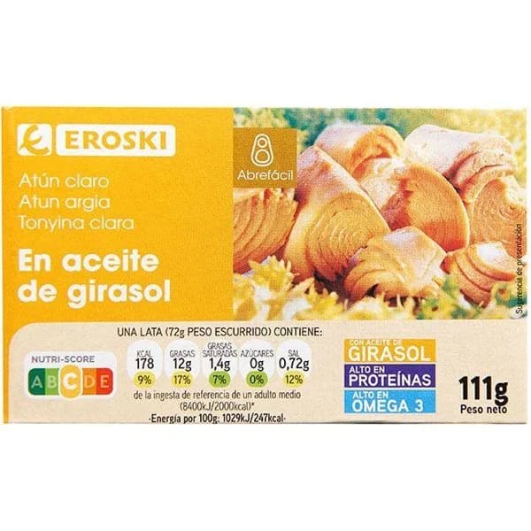 Atún claro en aceite vegetal EROSKI, lata 111 g - 1 ud - Imagen del producto en Findit