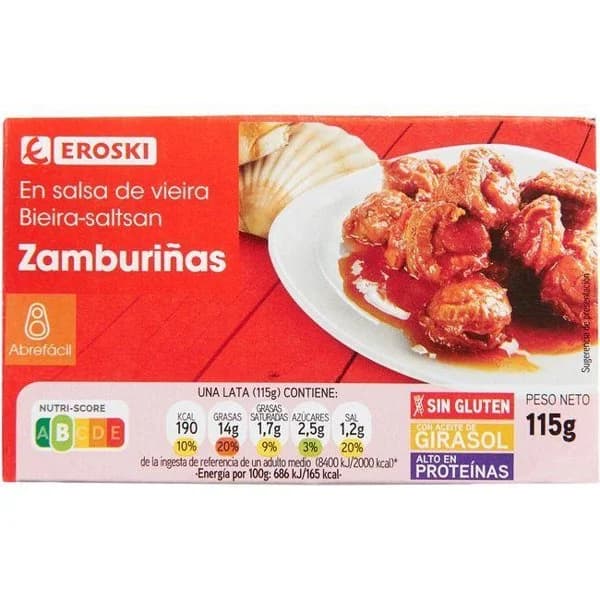 Zamburiña en salsa de vieira EROSKI, lata 115 g - 1 ud - Imagen del producto en Findit
