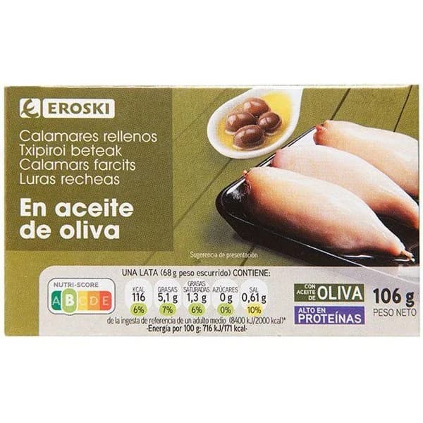 Chipirón en aceite de oliva EROSKI, lata 106 g - 1 ud - Imagen del producto en Findit