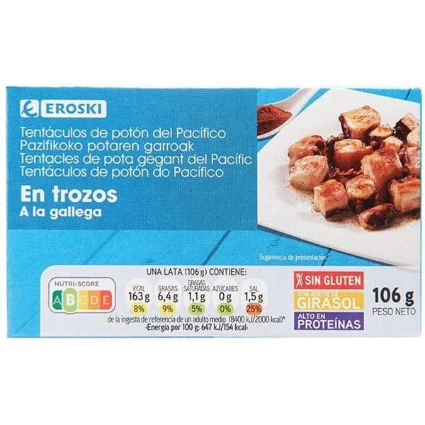 Tentáculos de calamar a la gallega EROSKI, lata 106 g - 1 ud - Imagen del producto en Findit