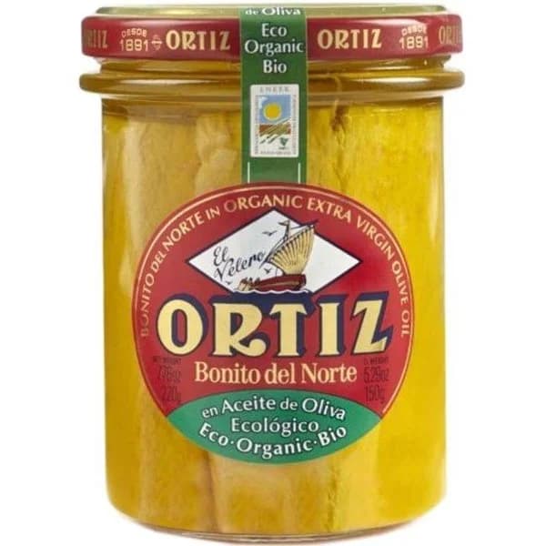 Bonito del norte en a. de oliva ecológico ORTIZ , frasco 220 g - 1 ud - Imagen del producto en Findit