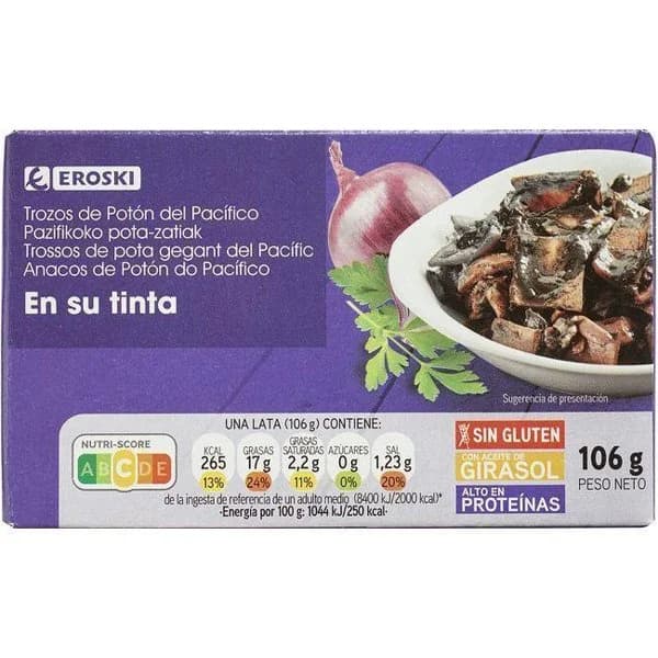 Tiras de potón en su tinta EROSKI, lata 106 g - 1 ud - Imagen del producto en Findit