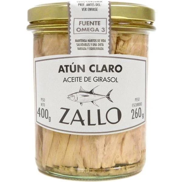 Atún claro en aceite de girasol ZALLO, frasco 400 g - 1 ud - Imagen del producto en Findit