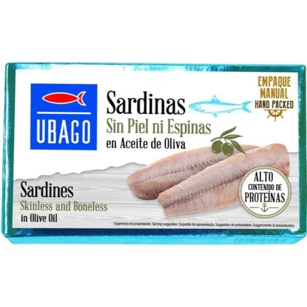 Sardinas sin piel en aceite de oliva UBAGO, lata 120 g - 1 ud - Imagen del producto en Findit