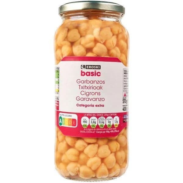 Garbanzos cocidos EROSKI BASIC, frasco 400 g - 1 ud - Imagen del producto en Findit