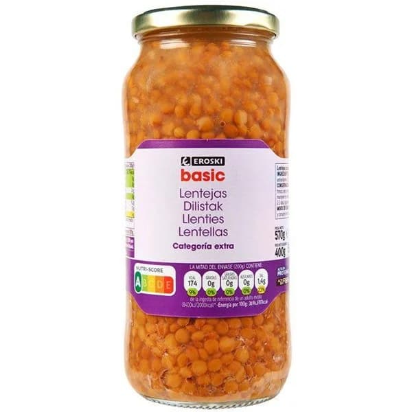 Lenteja cocidas EROSKI BASIC, frasco 400 g - 1 ud - Imagen del producto en Findit