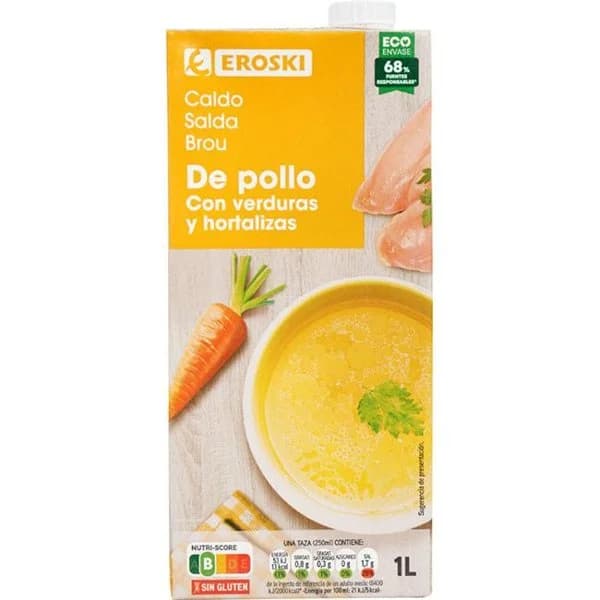 Caldo de pollo EROSKI, brik 1 litro - 1 ud - Imagen del producto en Findit