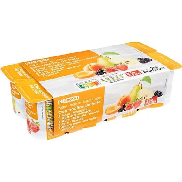 Yogur con fresas-albaricoque-pera-mora EROSKI, pack 8x125 g - 1 kg - Imagen del producto en Findit