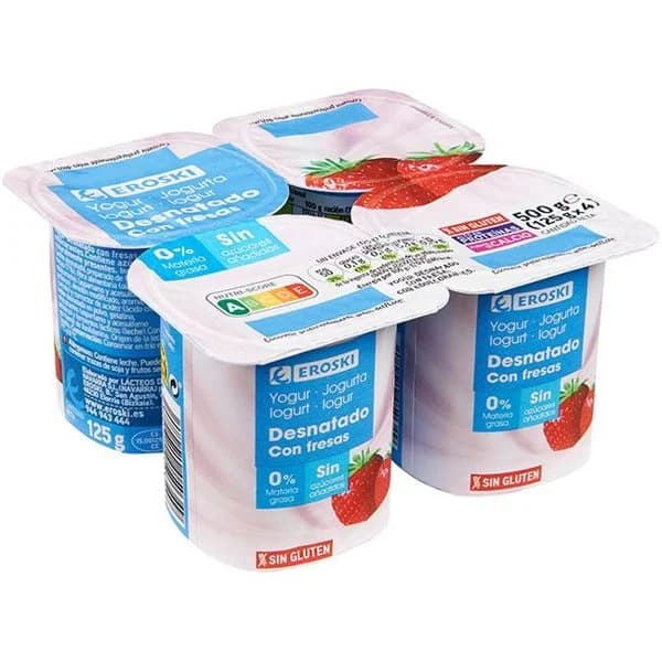 Yogur desnatado con fresas EROSKI, pack 4x125 g - 1 ud - Imagen del producto en Findit