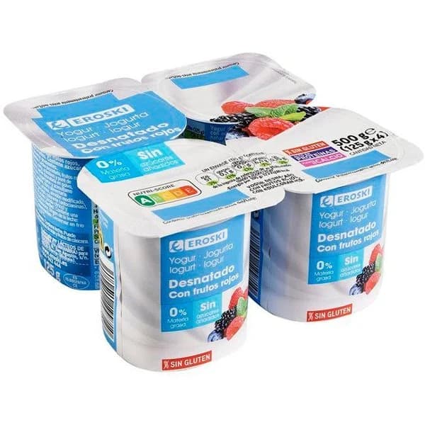 Yogur desnatado con frutos rojos EROSKI, pack 4x125 g - 1 ud - Imagen del producto en Findit