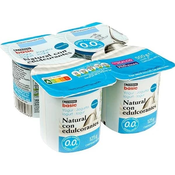 Yogur desnatado natural edulcorado EROSKI basic, pack 4x125 g - 1 ud - Imagen del producto en Findit