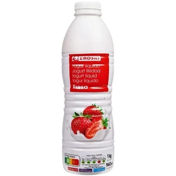 Yogur líquido sabor fresa EROSKI, botella  1 litro - 1 ud - Imagen del producto en Findit