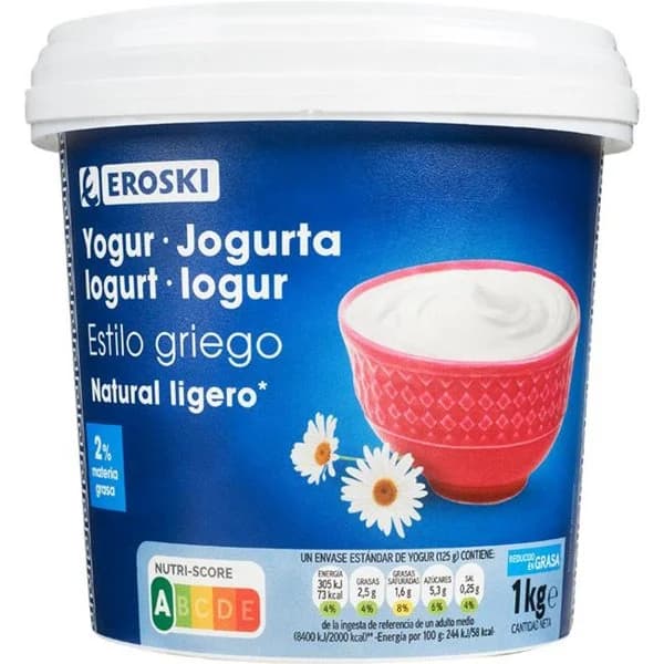 Yogur griego light 2% EROSKI, tarrina 1 kg - 1 ud - Imagen del producto en Findit