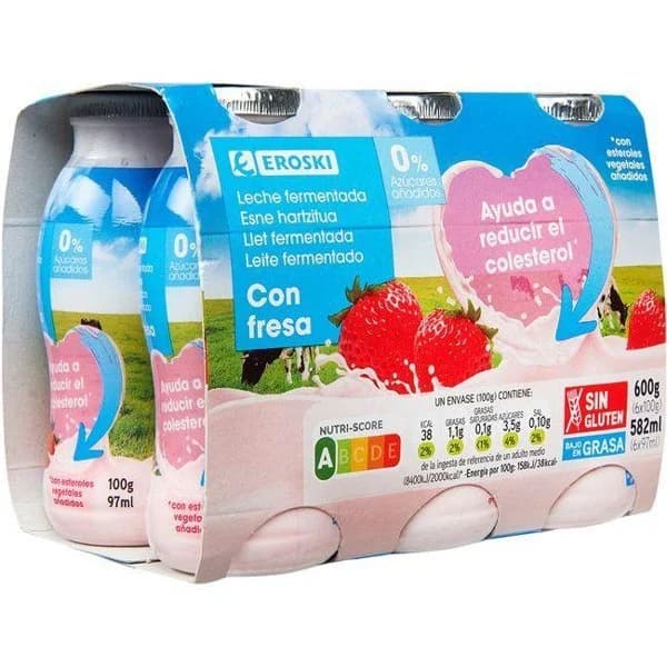 Reductor colesterol para beber sabor fresa EROSKI, pack 6x100 ml - 1 ud - Imagen del producto en Findit