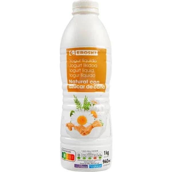 Yogur líquido azúcar de caña EROSKI, botella 1 litro - 1 ud - Imagen del producto en Findit