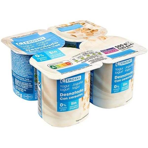 Yogur desnatado con cereales EROSKI, pack 4x125 g - 1 ud - Imagen del producto en Findit