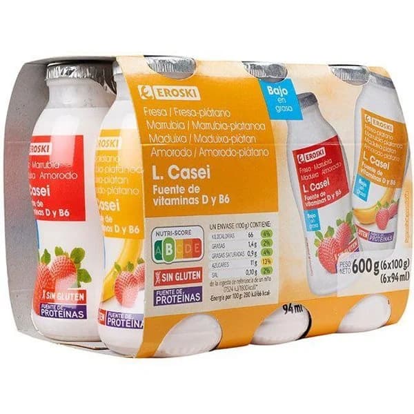 Lcasei sabores fresa y fresa platano EROSKI, pack 6x100 g - 1 ud - Imagen del producto en Findit