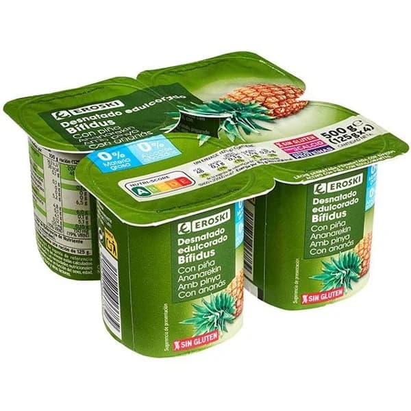 Bífidus 0% con piña EROSKI, pack 4x125 g - 1 ud - Imagen del producto en Findit