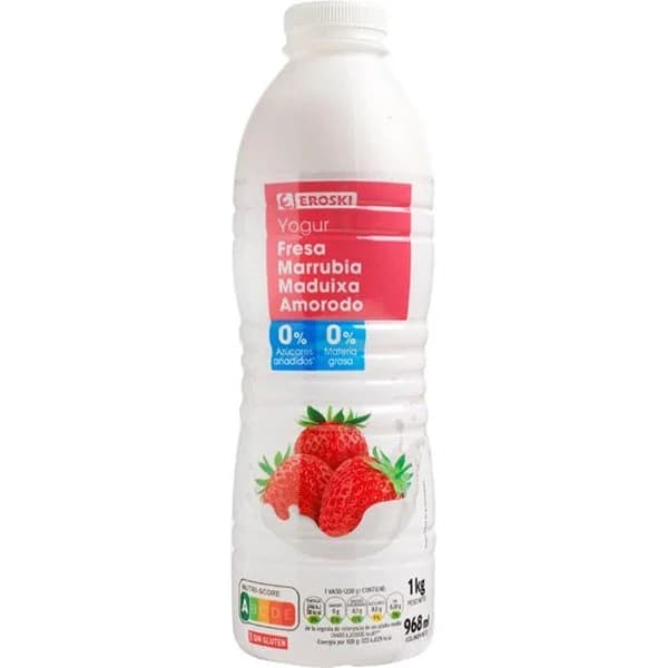 Yogur líquido 00% sabor fresa EROSKI, botella 1 litro - 1 ud - Imagen del producto en Findit