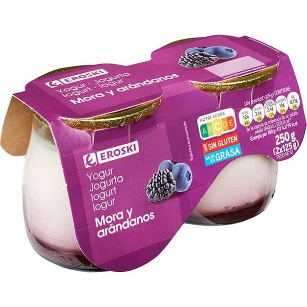 Yogur sabor mora y arándanos EROSKI, pack 2x125 ml - 1 ud - Imagen del producto en Findit