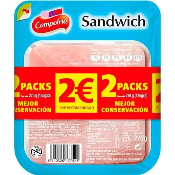 Jamón York cocido para sandwich CAMPOFRÍO, pack 2x150 g - 1 ud - Imagen del producto en Findit