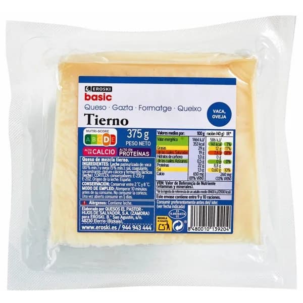 Queso tierno EROSKI basic, cuña 375 g - 1 ud - Imagen del producto en Findit