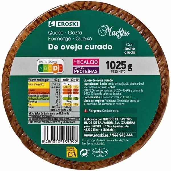Queso curado de oveja EROSKI, pieza 1,025 kg - 1 ud - Imagen del producto en Findit