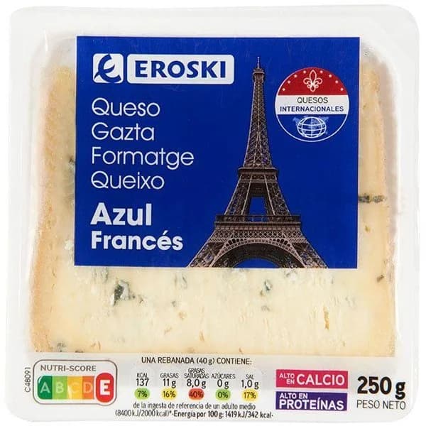Queso azul EROSKI, cuña 250 g - 1 ud - Imagen del producto en Findit