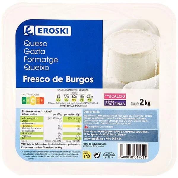 Queso fresco tradicional Burgos EROSKI, al corte, compra mínima 250 g - 1 ud - Imagen del producto en Findit