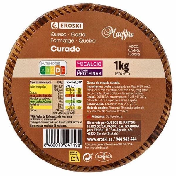 Queso curado mezcla mini EROSKI, pieza aprox. 1 kg - 1 ud - Imagen del producto en Findit
