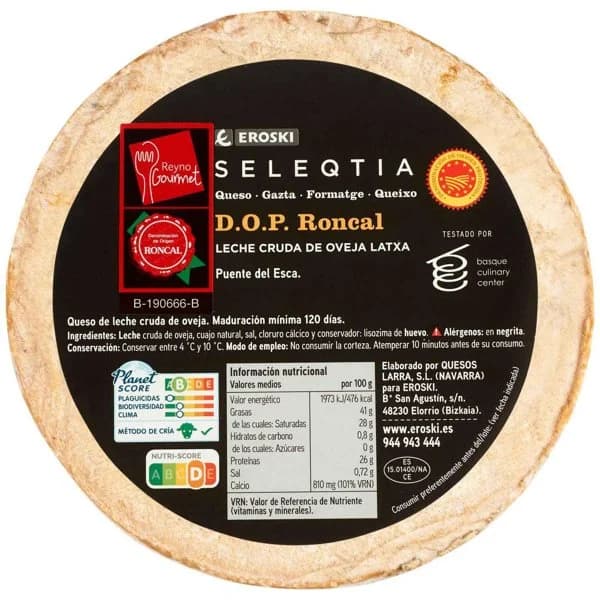 Queso D.O. Roncal Eroski SELEQTIA, al corte, compra mínima 250 g - 1 ud - Imagen del producto en Findit