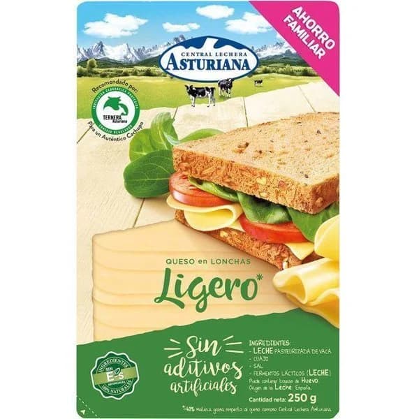 Queso ligero CENTRAL LECHERA ASTURIANA, lonchas, bandeja 250 g - 1 ud - Imagen del producto en Findit