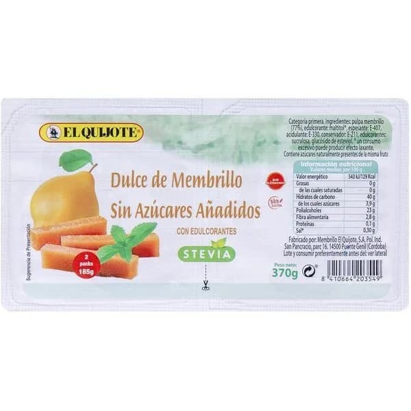 Dulce de membrillo sin azucares EL QUIJOTE, tarrina 370 g - 1 ud - Imagen del producto en Findit