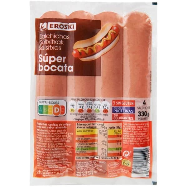 Salchichas super bocata EROSKI, sobre 330 g - 1 ud - Imagen del producto en Findit