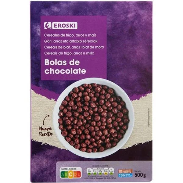 Cereales bolas de maíz de chocolate EROSKI, caja 500 g - 1 ud - Imagen del producto en Findit