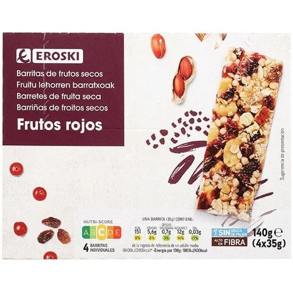 Barritas frutos secos con frutos rojos EROSKI, 140 g - 1 ud - Imagen del producto en Findit