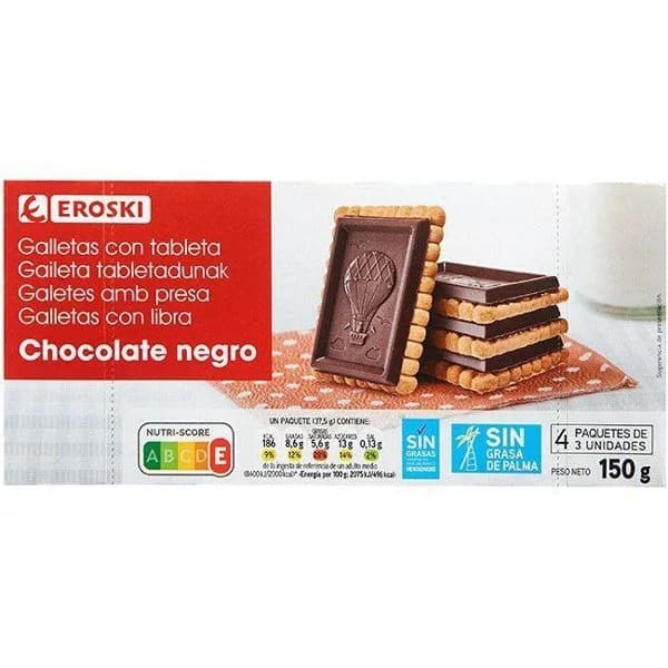 Galleta con chocolate negro EROSKI, caja 150 g - 1 ud - Imagen del producto en Findit