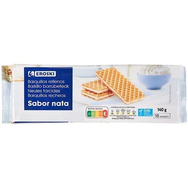 Barquillo de nata sin palma EROSKI, paquete 140 g - 1 ud - Imagen del producto en Findit