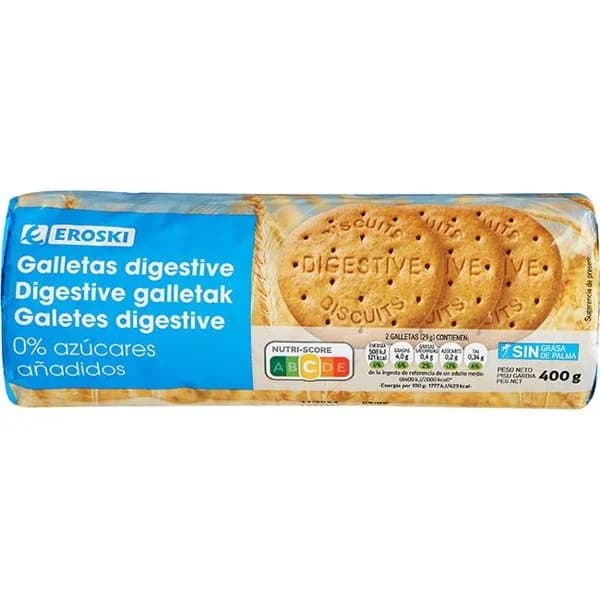 Galleta digestive sin azúcar añadido EROSKI, paquete 400 g - 1 ud - Imagen del producto en Findit