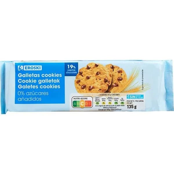Cookies de chocolate sin azúcar añadido EROSKI, paquete 135 g - 1 ud - Imagen del producto en Findit